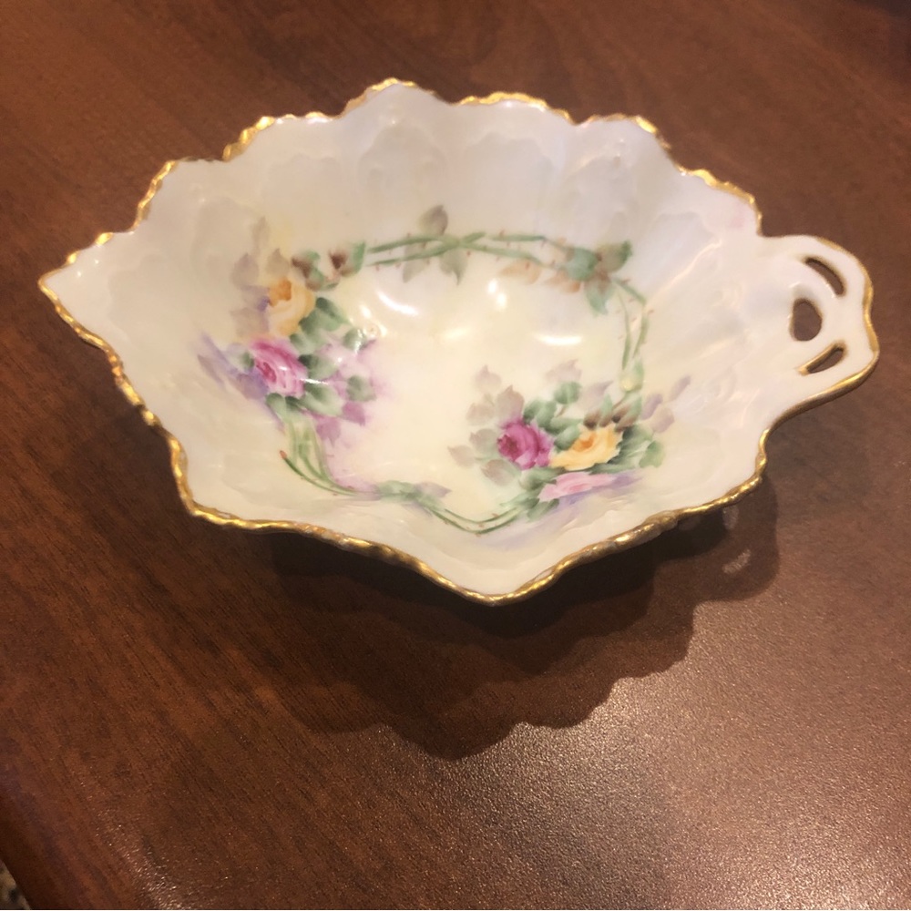 Antique MZ Austria Moritz Zdekauer porcelain leaf-shaped bowl